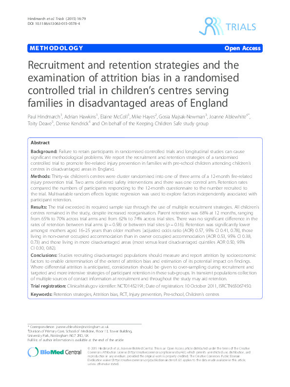 Recruitment and retention strategies and the examination of attrition bias in a randomised controlled trial in children's centres serving families in disadvantaged areas of England Thumbnail