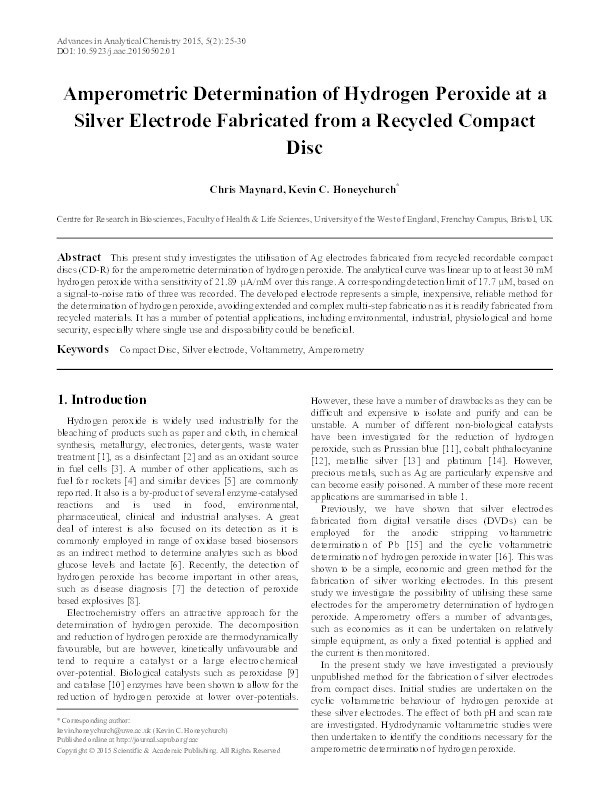 Amperometric determination of hydrogen peroxide at a silver electrode fabricated from a recycled compact disc Thumbnail