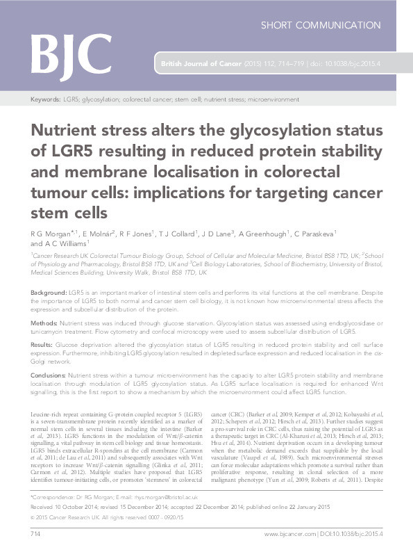 Nutrient stress alters the glycosylation status of LGR5 resulting in reduced protein stability and membrane localisation in colorectal tumour cells: Implications for targeting cancer stem cells Thumbnail