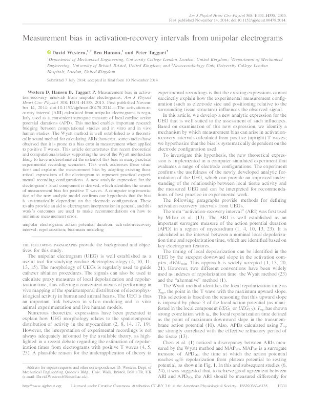 Measurement bias in activation-recovery intervals from unipolar electrograms Thumbnail