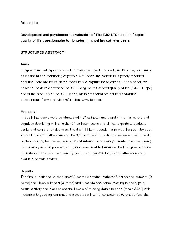 Development and psychometric evaluation of The ICIQ-LTCqol: A self-report quality of life questionnaire for long-term indwelling catheter users Thumbnail