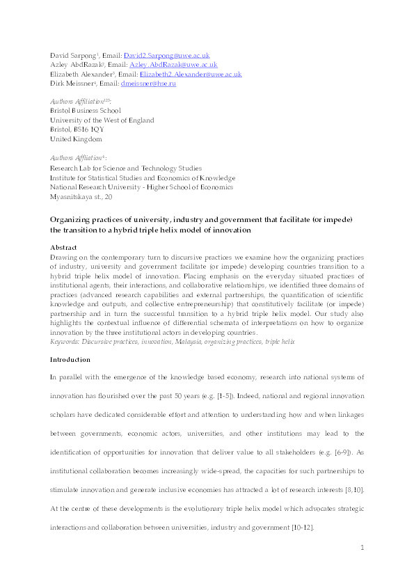 Organizing practices of university, industry and government that facilitate (or impede) the transition to a hybrid triple helix model of innovation Thumbnail