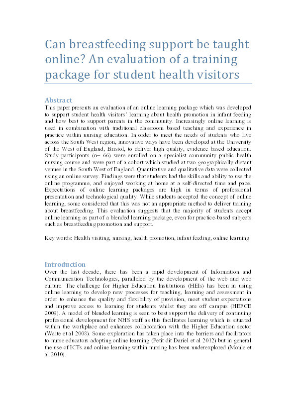 Can breastfeeding support be taught online? An evaluation of a training package for student health visitors Thumbnail