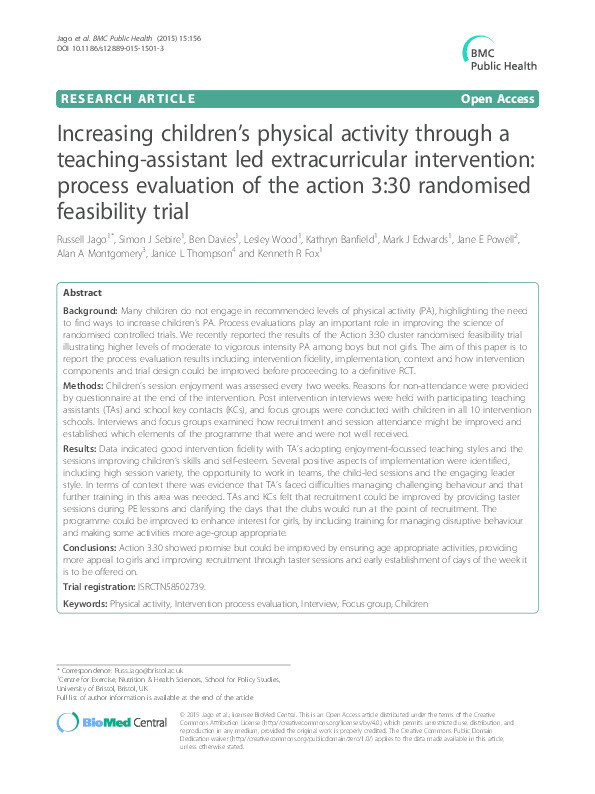 Increasing children's physical activity through a teaching-assistant led extracurricular intervention: Process evaluation of the action 3:30 randomised feasibility trial Thumbnail