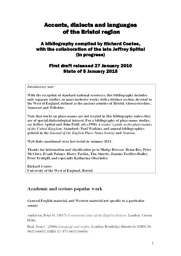 Accents, dialects and languages of the Bristol region: A bibliography (state of 5 January 2015) Thumbnail
