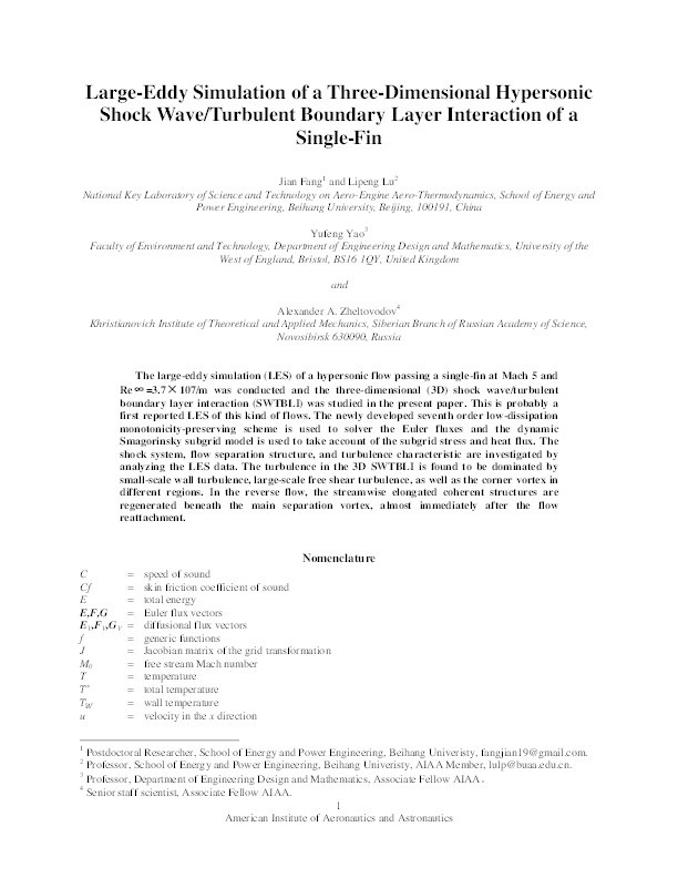 Large-eddy simulation of a three-dimensional hypersonic shock wave turbulent boundary layer interaction of a single fin Thumbnail