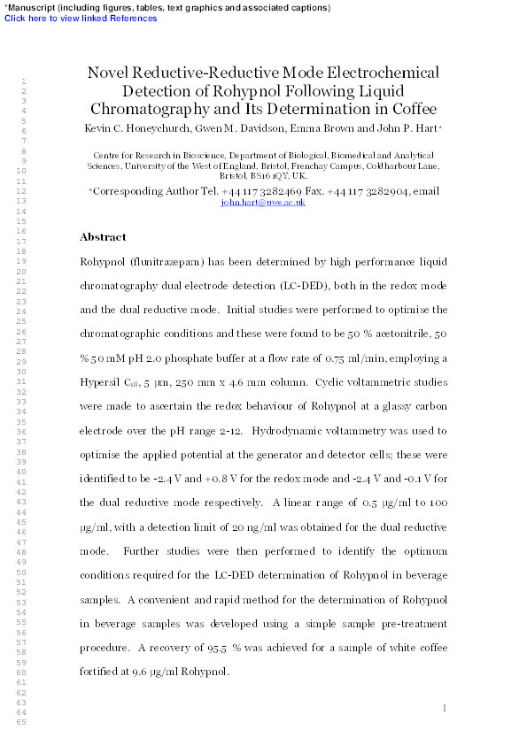 Novel reductive-reductive mode electrochemical detection of Rohypnol following liquid chromatography and its determination in coffee Thumbnail