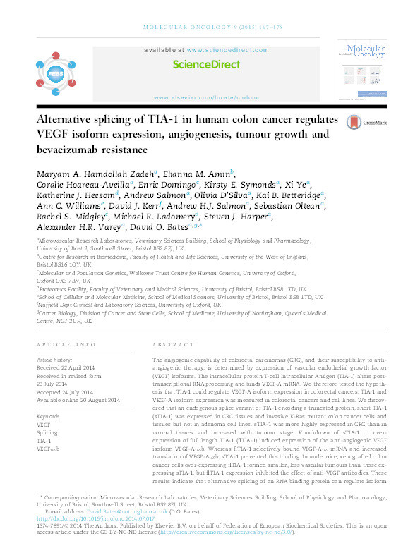 Alternative splicing of TIA-1 in human colon cancer regulates VEGF isoform expression, angiogenesis, tumour growth and bevacizumab resistance Thumbnail