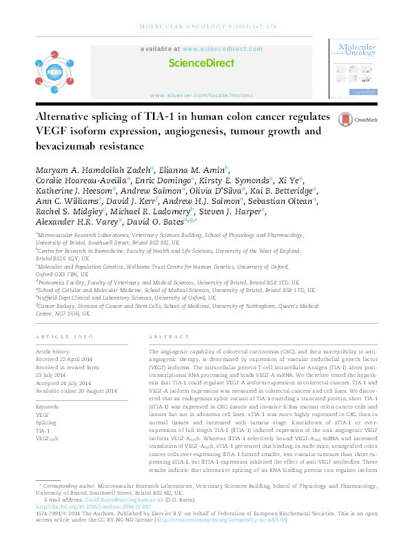 Alternative Splicing Of Tia 1 In Human Colon Cancer Regulates Vegf Isoform Expression Angiogenesis Tumour Growth And Bevacizumab Resistance