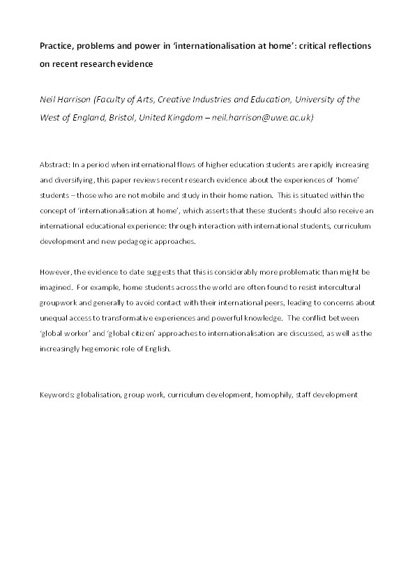 Practice, problems and power in ‘internationalisation at home’: critical reflections on recent research evidence Thumbnail