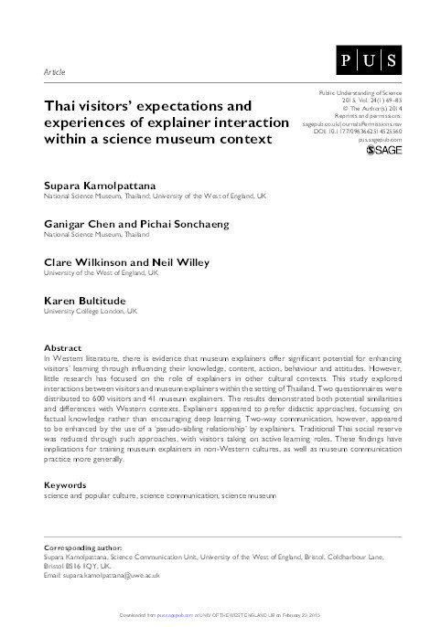 Thai visitors’ expectations and experiences of explainer interaction within a science museum context Thumbnail