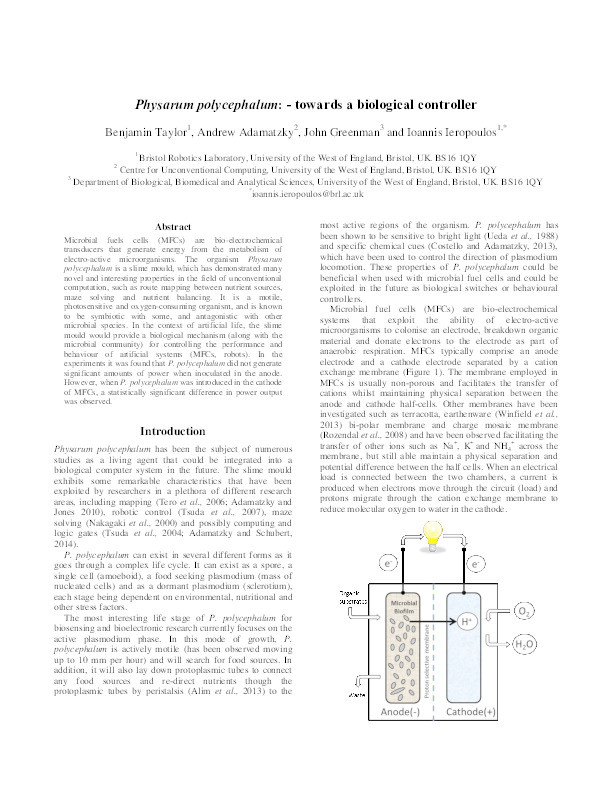 Physarum polycephalum: Towards a biological controller Thumbnail