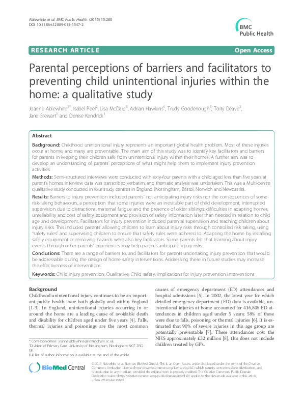 Parental perceptions of barriers and facilitators to preventing child unintentional injuries within the home: A qualitative study Thumbnail