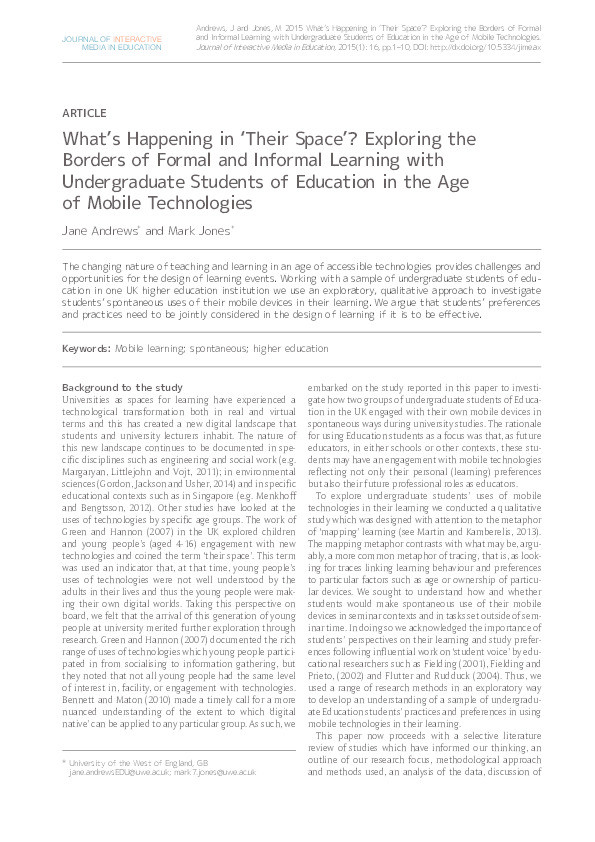 What’s happening in ‘their space’? Exploring the borders of formal and informal learning with undergraduate students of education in the age of mobile technologies Thumbnail