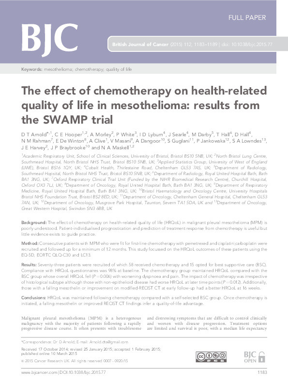 The effect of chemotherapy on health-related quality of life in mesothelioma: Results from the SWAMP trial Thumbnail