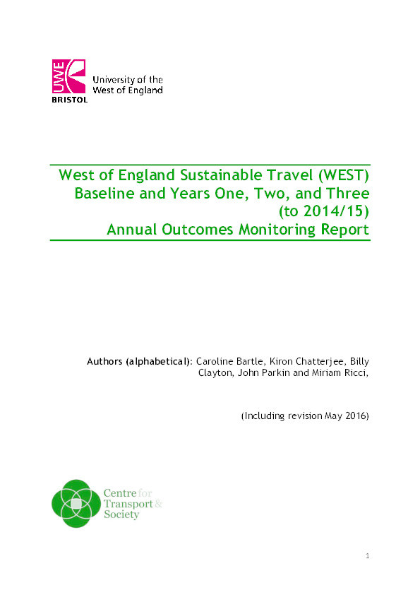 West of England Sustainable Travel (WEST)
baseline and years one, two, and three (to 2014/15)
annual outcomes monitoring report Thumbnail
