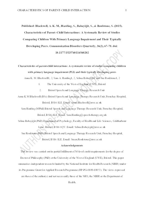 Characteristics of parent-child interactions: A systematic review of studies comparing children with primary language impairment and their typically developing peers Thumbnail