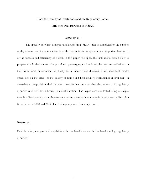 Does the Quality of Institutions and the Regulatory Bodies Influence Deal Duration in M&As? Thumbnail