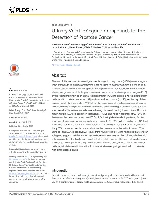Urinary volatile organic compounds for the detection of prostate cancer Thumbnail