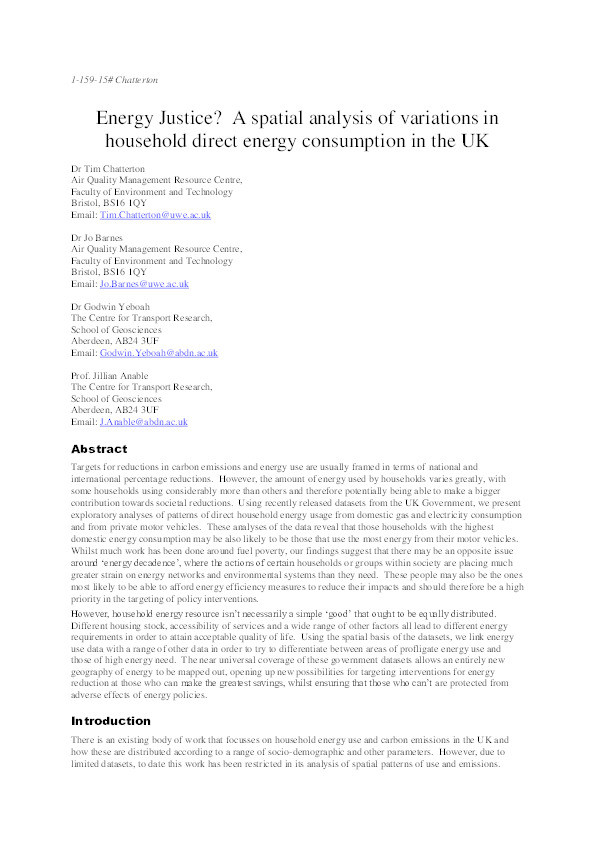 Energy justice? A spatial analysis of variations in household direct energy consumption in the UK Thumbnail
