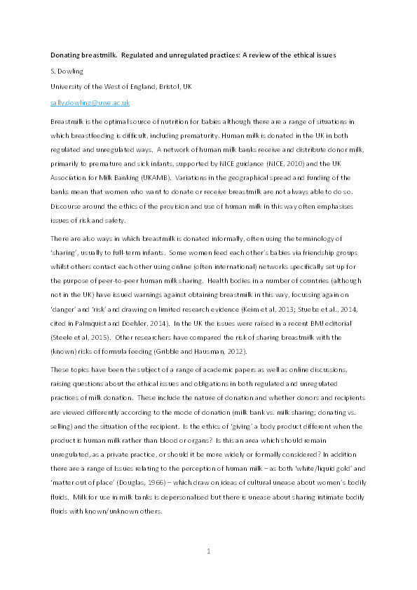 Donating breastmilk: Regulated and unregulated practices: A review of the ethical issues Thumbnail