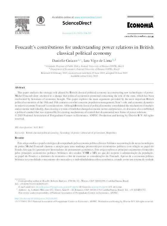 Foucault's contributions for understanding power relations in British classical political economy Thumbnail