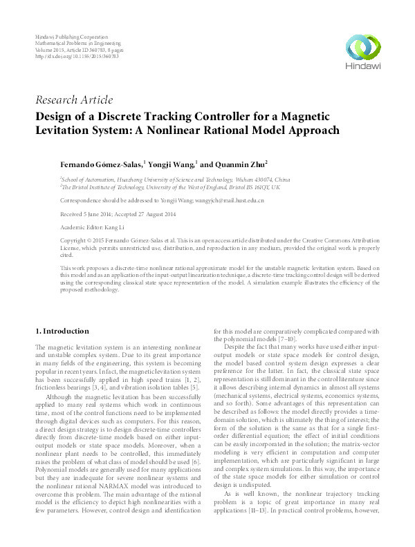 Design of a discrete tracking controller for a magnetic levitation system: A nonlinear rational model approach Thumbnail
