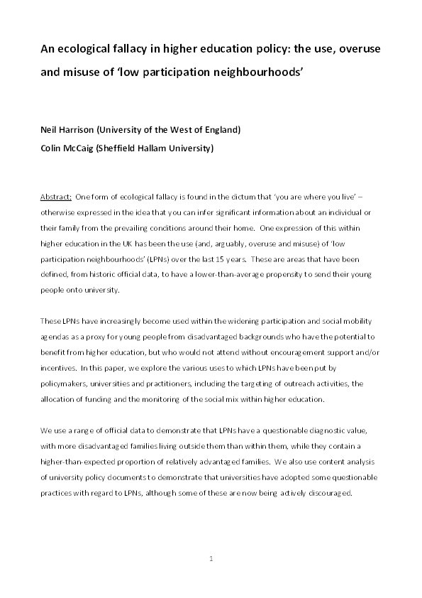 An ecological fallacy in higher education policy: the use, overuse and misuse of ‘low participation neighbourhoods’ Thumbnail