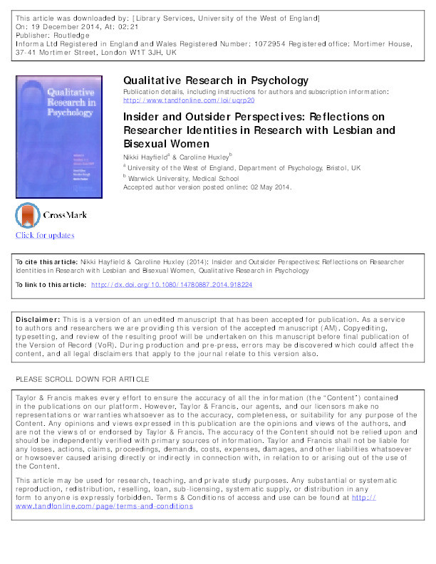 Insider and Outsider Perspectives: Reflections on Researcher Identities in Research with Lesbian and Bisexual Women Thumbnail