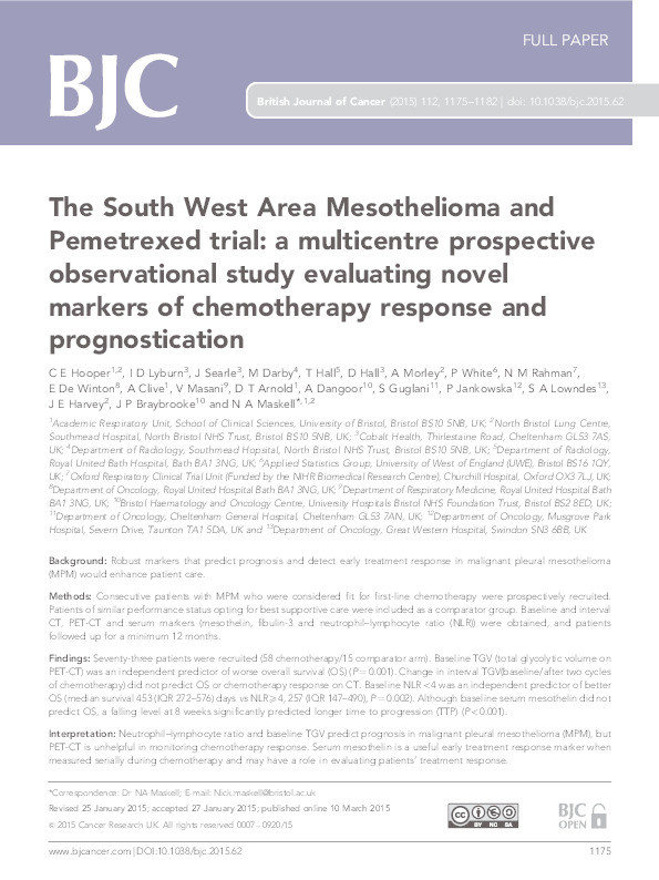The South West Area Mesothelioma and Pemetrexed trial: A multicentre prospective observational study evaluating novel markers of chemotherapy response and prognostication Thumbnail