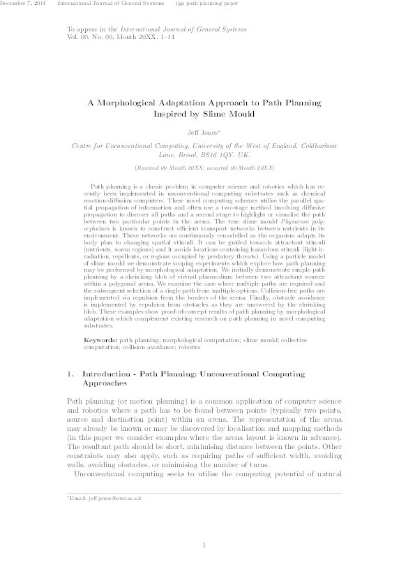 A morphological adaptation approach to path planning inspired by slime mould Thumbnail