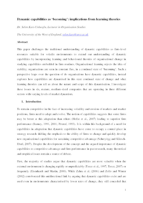 Dynamic capabilities as ‘becoming’: Implications from learning theories Thumbnail