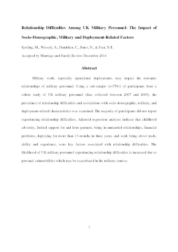 Relationship Difficulties Among U.K. Military Personnel: Impact of Sociodemographic, Military, and Deployment-Related Factors Thumbnail