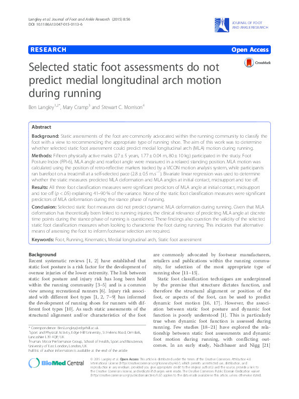 Selected static foot assessments do not predict medial longitudinal arch motion during running Thumbnail