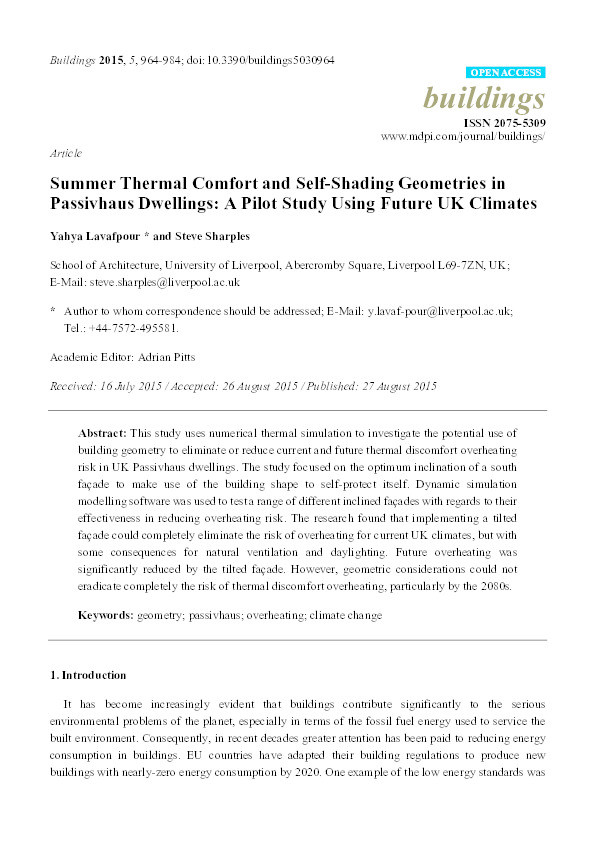 Summer thermal comfort and self-shading geometries in Passivhaus dwellings: A pilot study using future UK climates Thumbnail