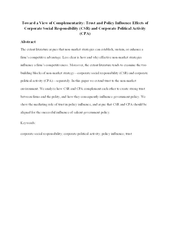 Toward a View of Complementarity: Trust and Policy Influence Effects of Corporate Social Responsibility and Corporate Political Activity Thumbnail