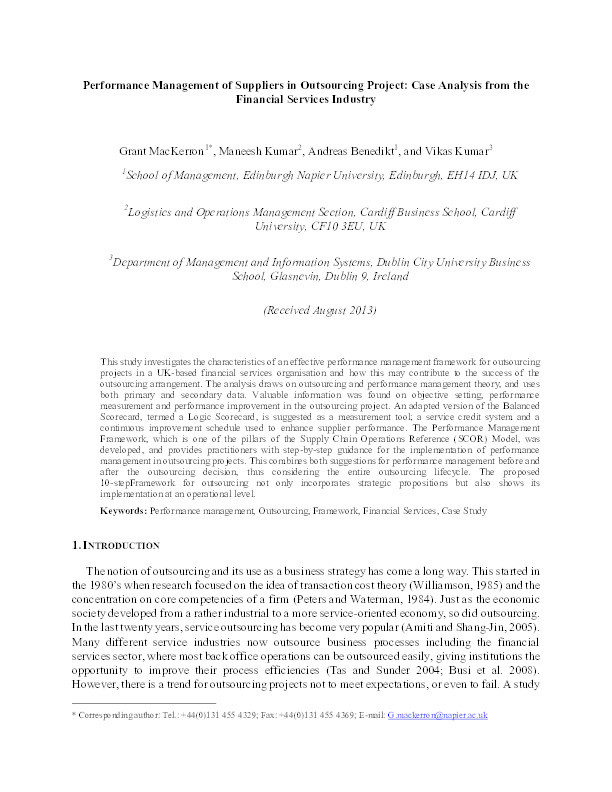 Performance management of suppliers in outsourcing project: Case analysis from the financial services industry Thumbnail