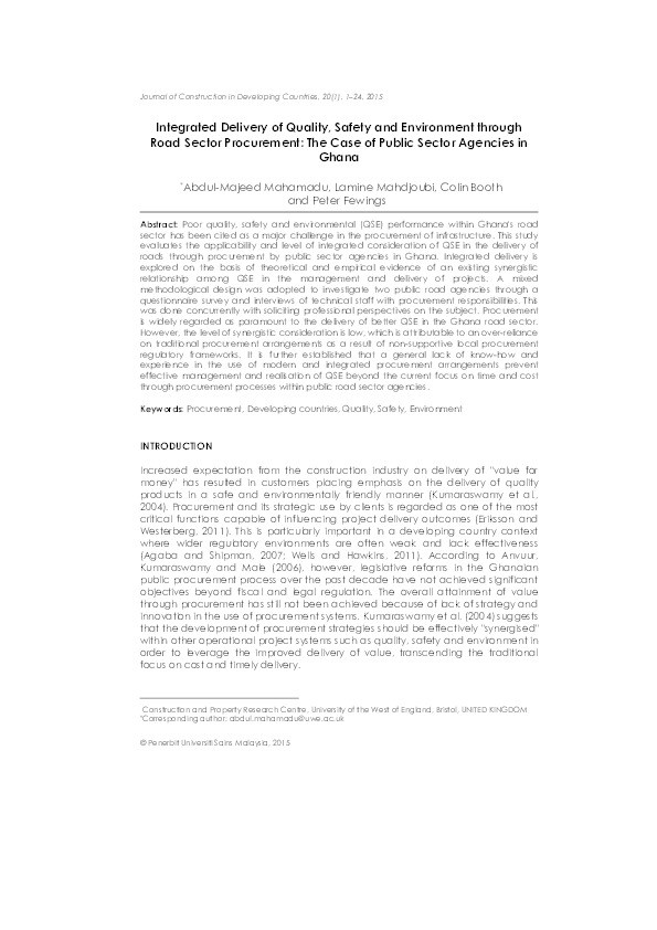 Integrated delivery of quality, safety and environment through road sector procurement: The case of public sector agencies in Ghana Thumbnail