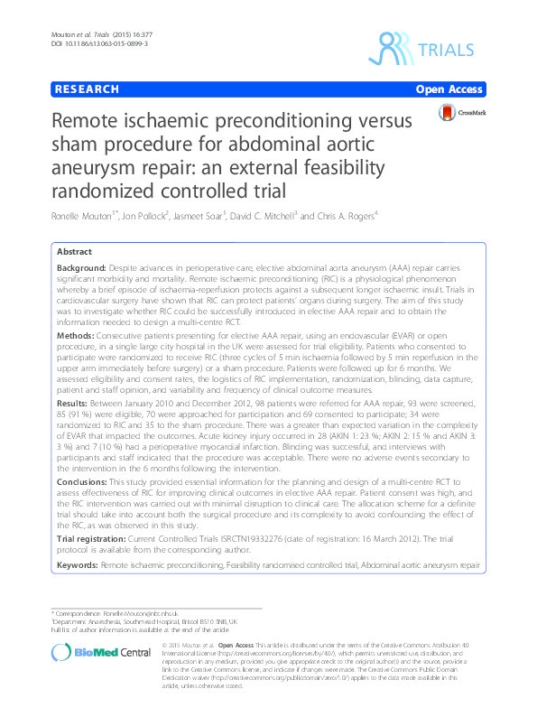 Remote ischaemic preconditioning versus sham procedure for abdominal aortic aneurysm repair: An external feasibility randomized controlled trial Thumbnail