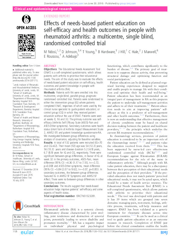 Effects of needs-based patient education on self-efficacy and health outcomes in people with rheumatoid arthritis: A multicentre, single blind, randomised controlled trial Thumbnail