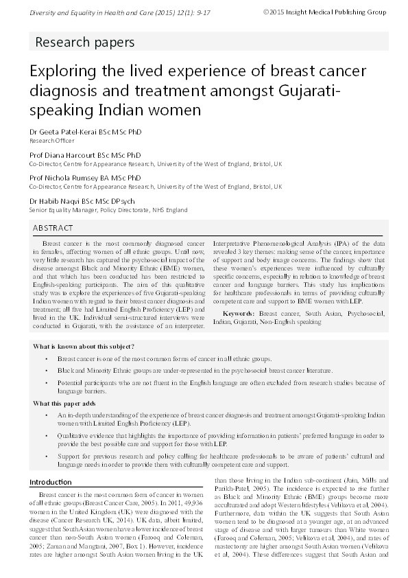Exploring the lived experience of breast cancer diagnosis and treatment amongst Gujarati speaking Indian women Thumbnail