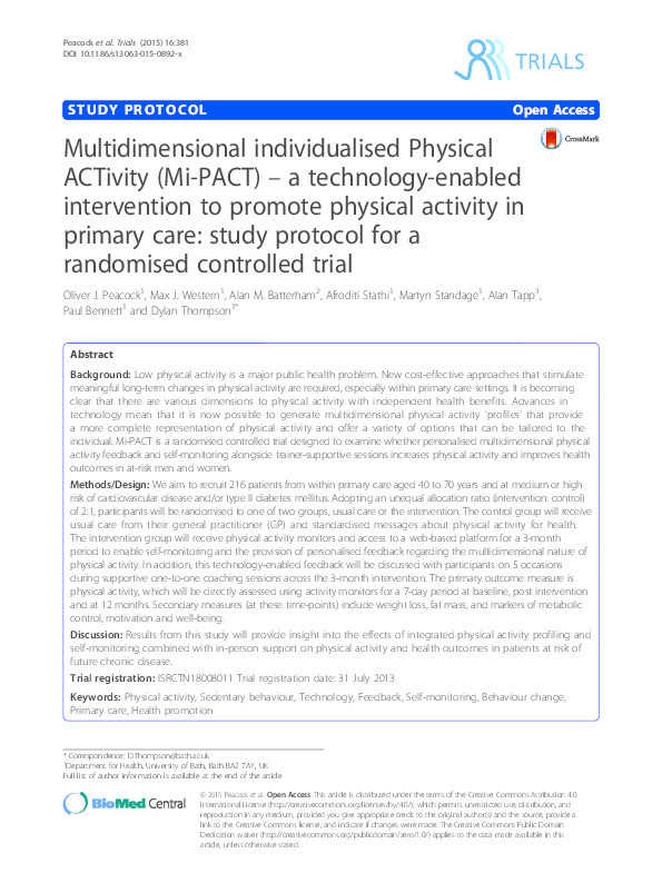 Multidimensional individualised Physical ACTivity (Mi-PACT) - a technology-enabled intervention to promote physical activity in primary care: Study protocol for a randomised controlled trial Thumbnail