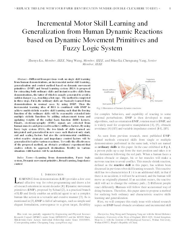 Incremental motor skill learning and generalization from human dynamic reactions based on dynamic movement primitives and fuzzy logic system Thumbnail