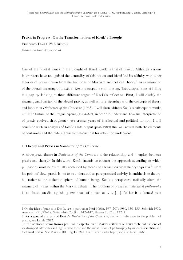 Praxis in progress: On the transformations of Kosík’s thought Thumbnail