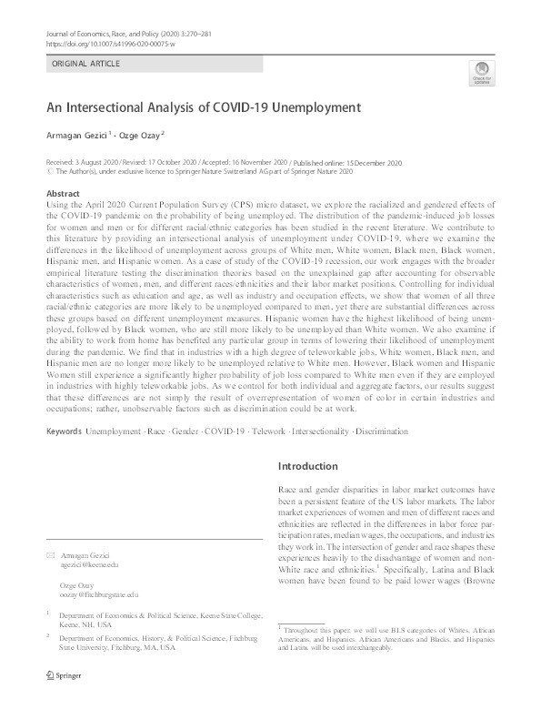 An intersectional analysis of COVID-19 unemployment Thumbnail