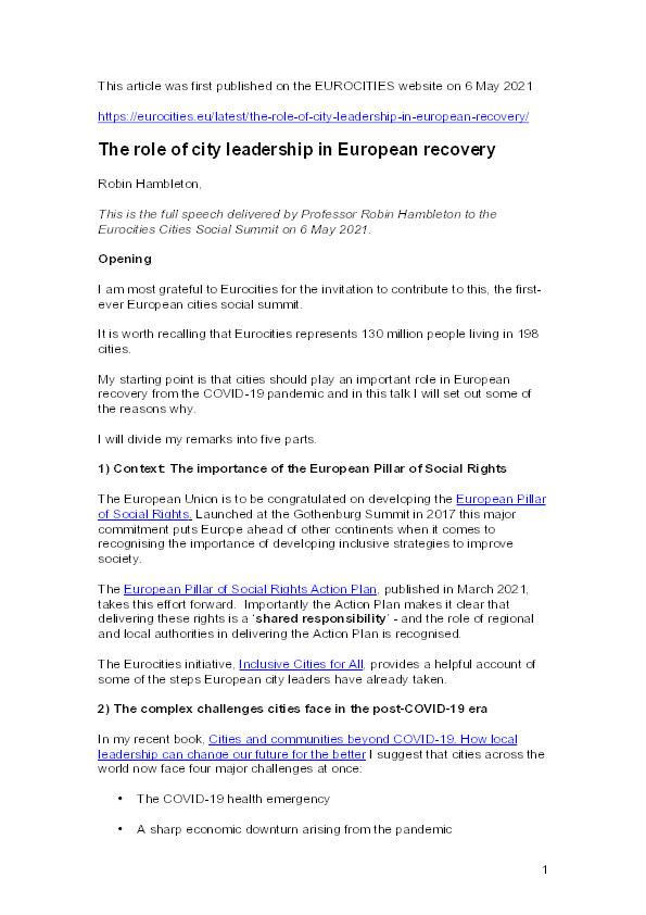 The role of city leadership in European recovery Thumbnail