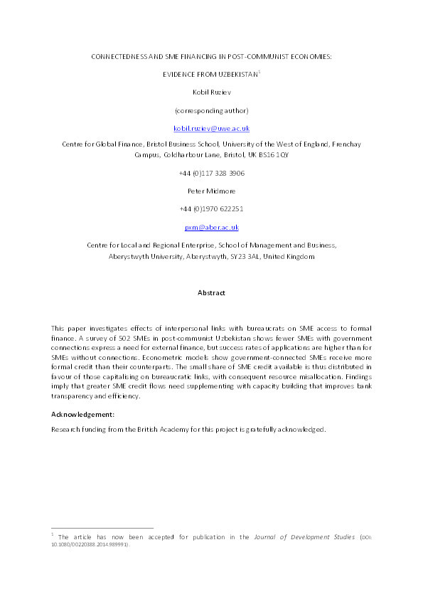 Connectedness and SME Financing in Post-Communist Economies: Evidence from Uzbekistan Thumbnail