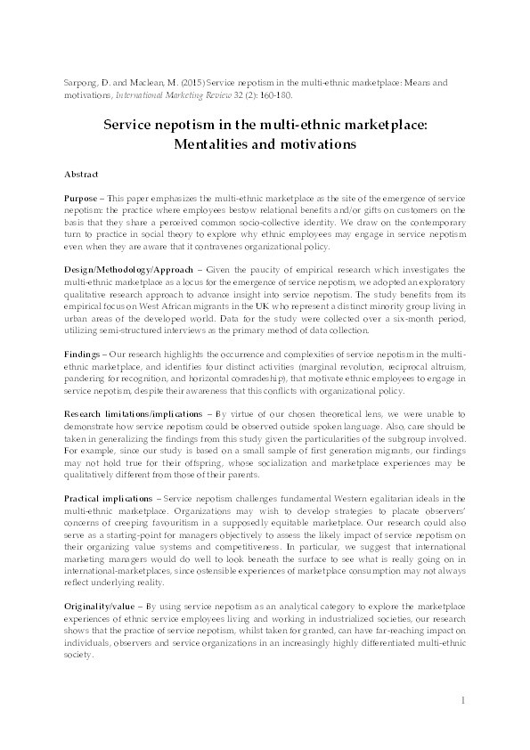 Service nepotism in the multi-ethnic marketplace: Mentalities and motivations Thumbnail