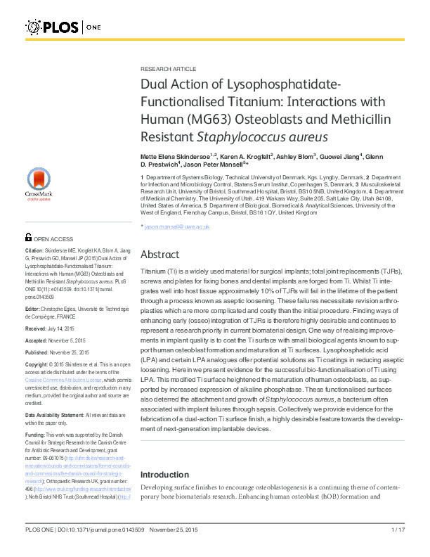 Dual Action of lysophosphatidate- functionalised titanium: Interactions with human (MG63) osteoblasts and methicillin resistant staphylococcus aureus Thumbnail
