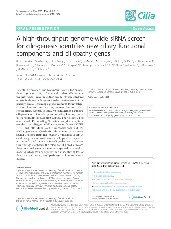 A high-throughput genome-wide siRNA screen for ciliogenesis identifies new ciliary functional components and ciliopathy genes Thumbnail